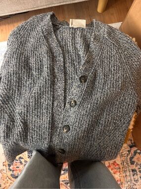 Everlane Chunky Knit Button-Front Cardigan in Heathered Navy and Gray